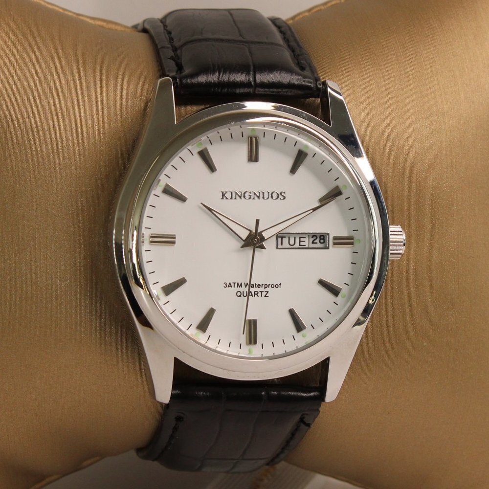 Men's Contemporary Dress Watch Silver Case Black Leather Watch Strap 40mm - Picture 2 of 13